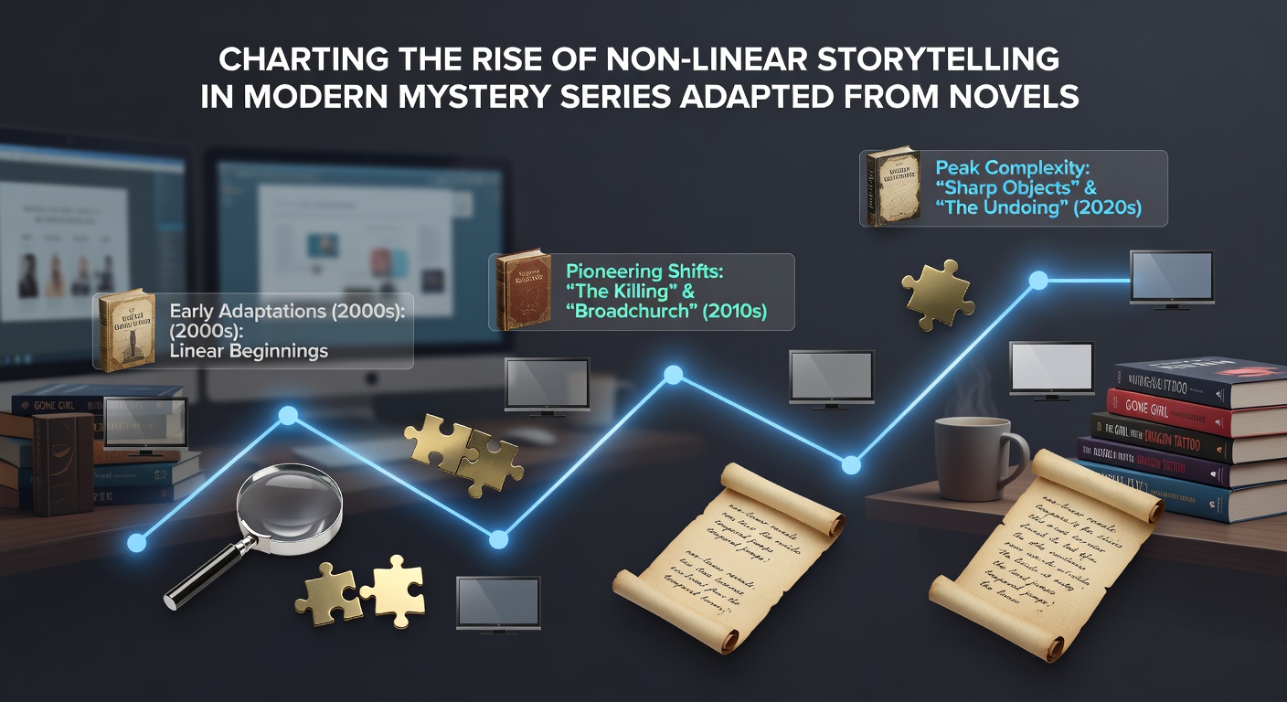 Visual representation of non-linear timelines in mystery series adaptations showing interconnected plot threads and flashbacks