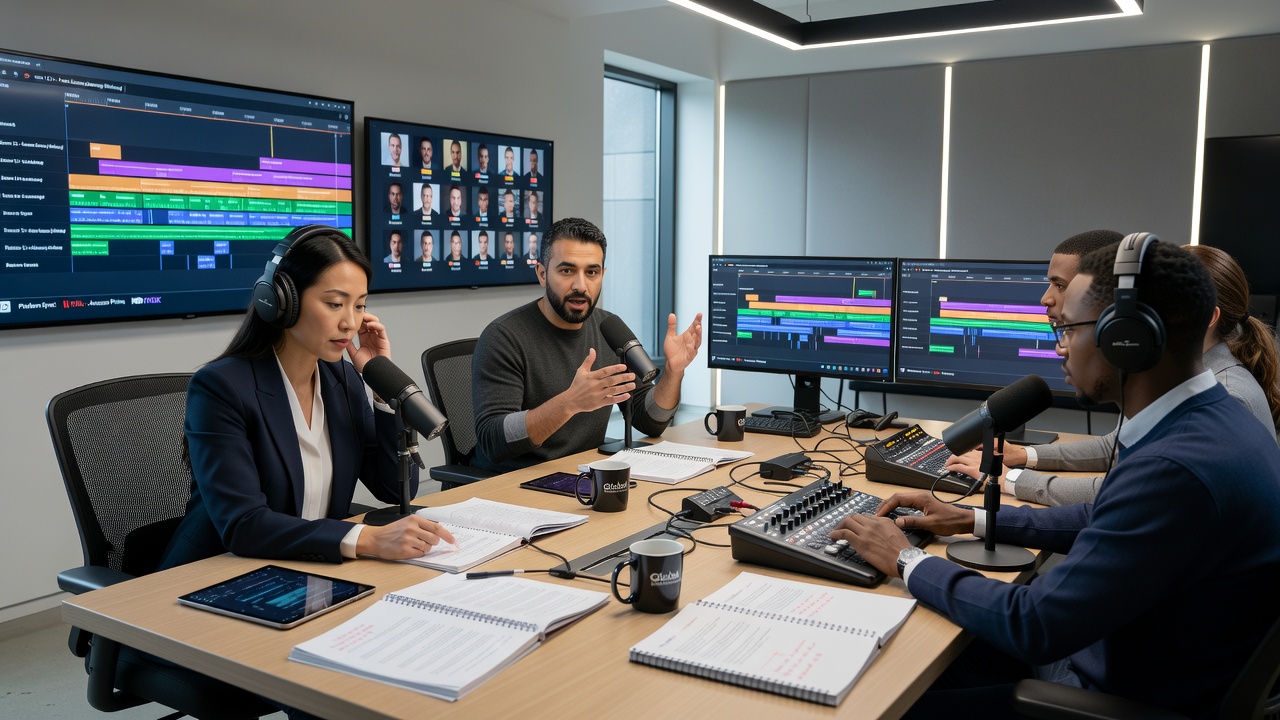 Dialect coach reviewing script notes with sound engineers during a post-production session for a spy thriller