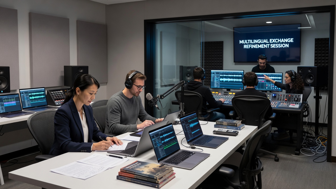 Sound mixing console with dialect reference sheets and multilingual script pages during a thriller post-production