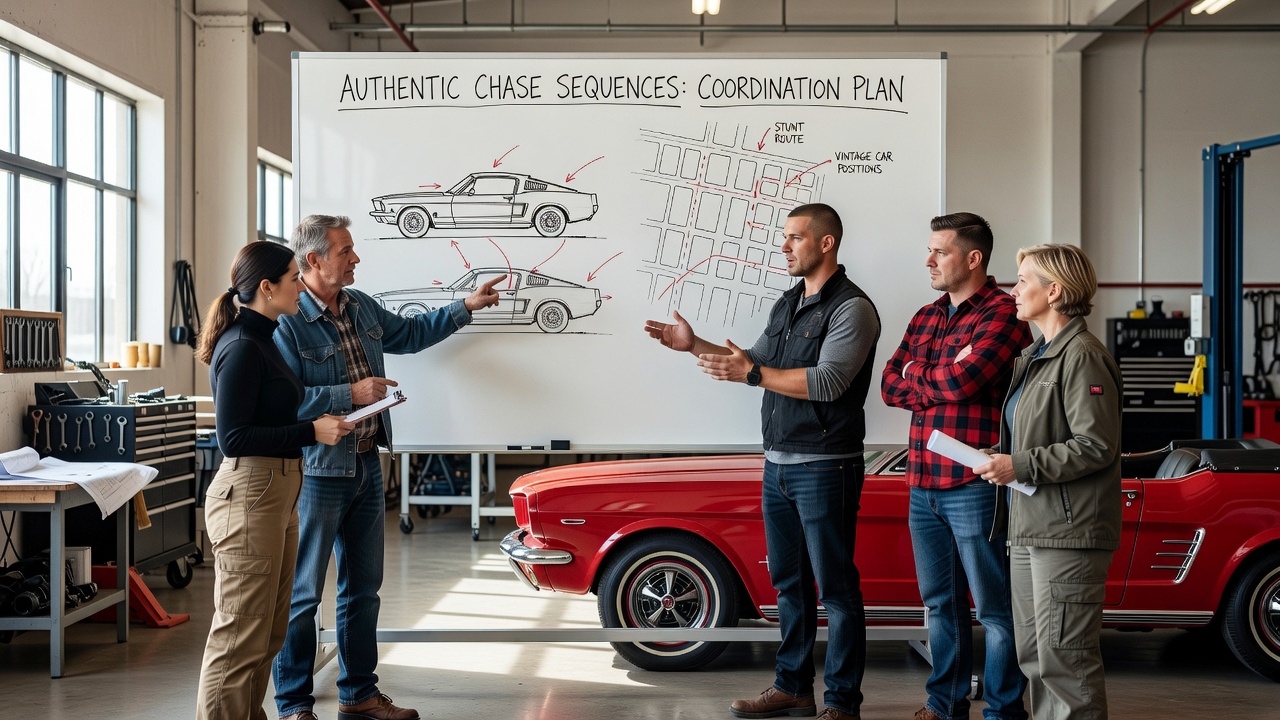 Stunt coordinator reviewing restored vintage car with production team during chase sequence planning