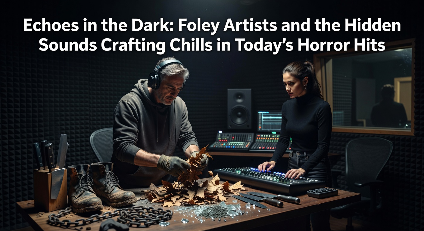 Foley artist manipulating everyday objects in a dimly lit studio to create eerie horror sound effects, with microphones capturing the nuanced scrapes and thuds