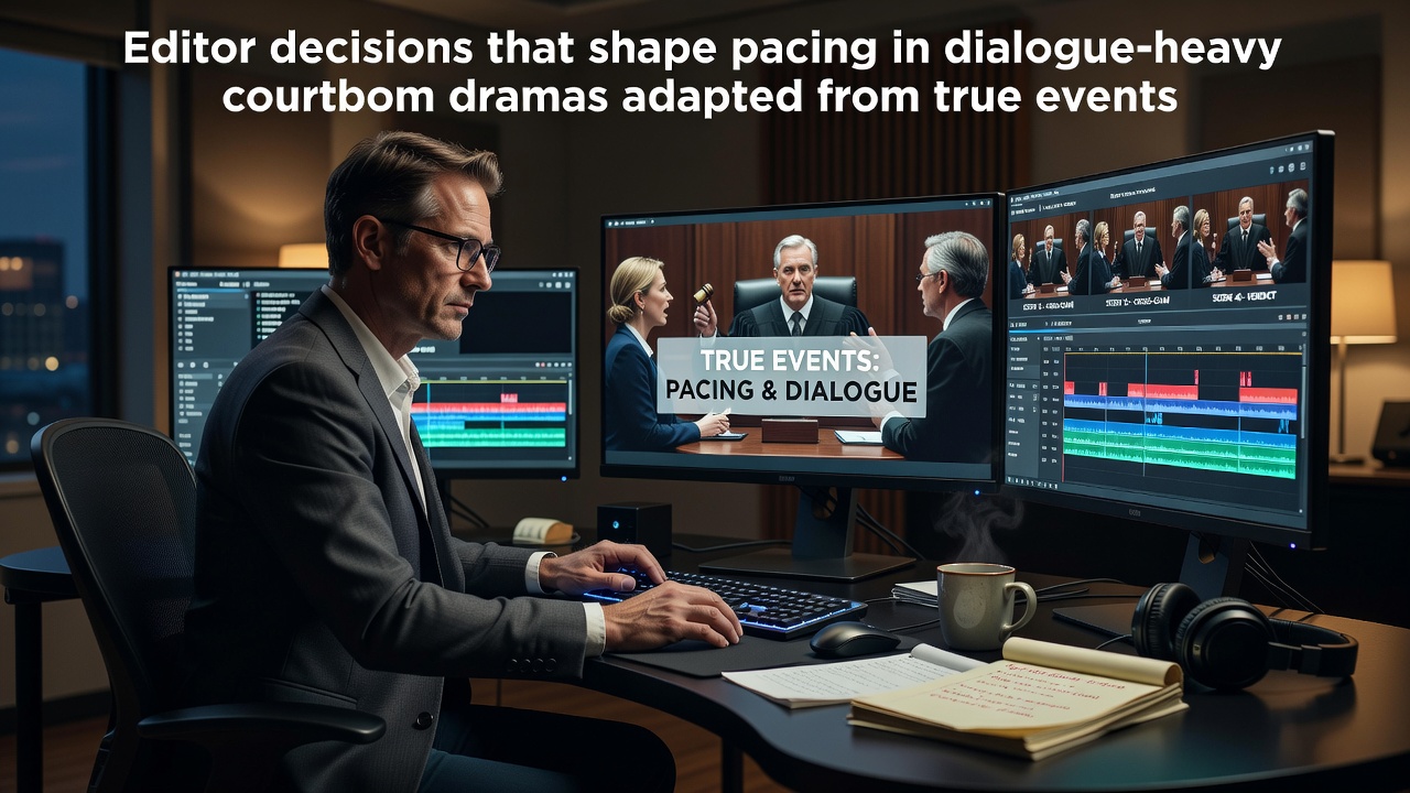 Editor reviewing courtroom drama footage on multiple monitors in a post-production suite