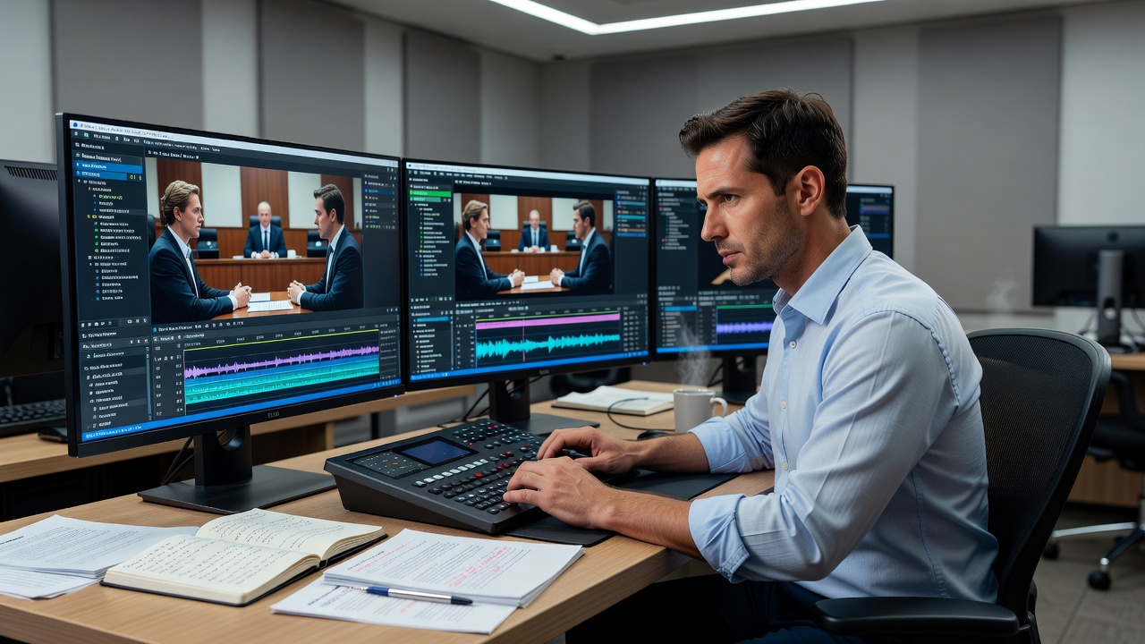 Close-up of timeline software showing cut points in a courtroom drama edit timeline