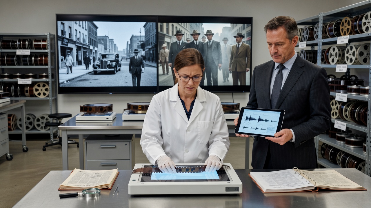 Archival researchers examining vintage newsreel footage in a film archive laboratory