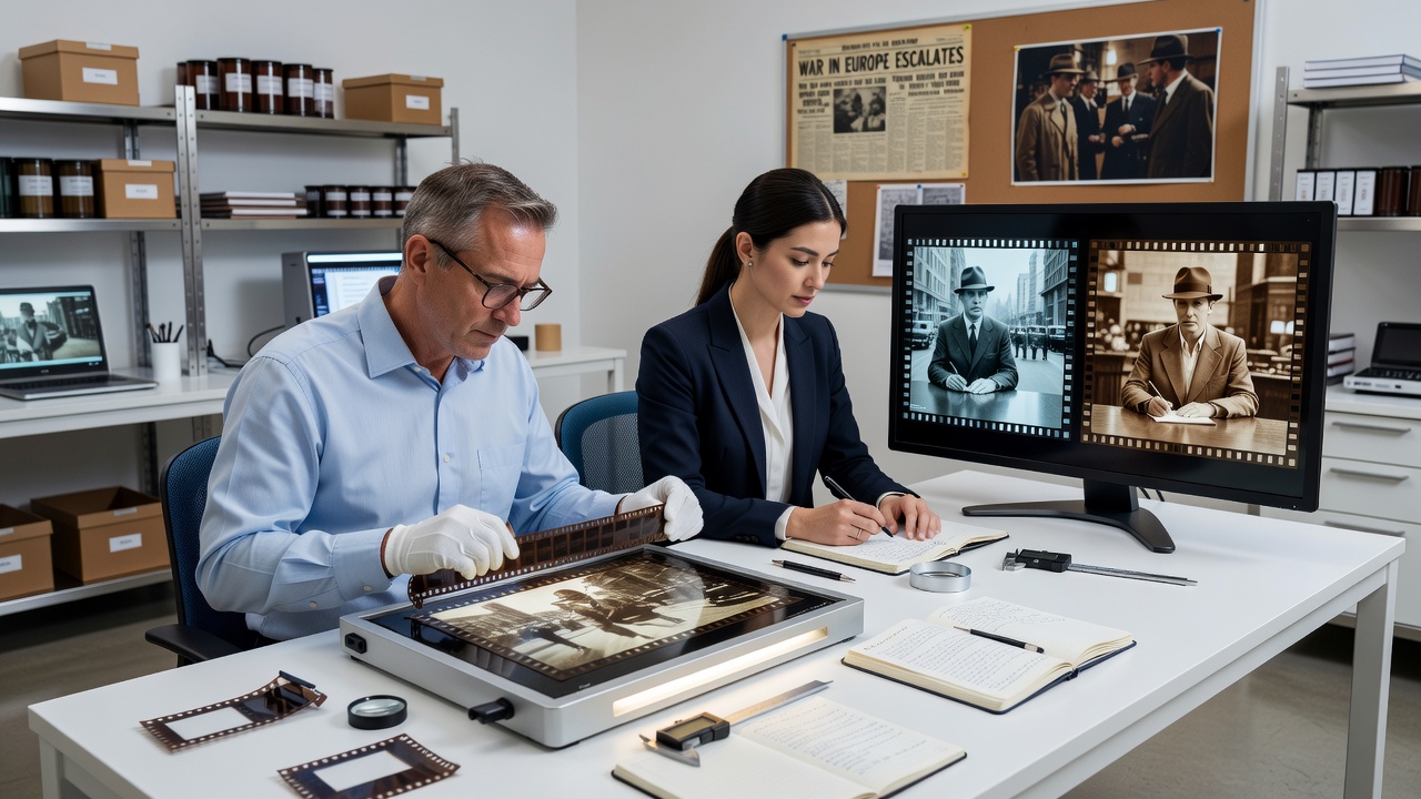 Close-up of film reel authentication process with digital scanner and reference documents