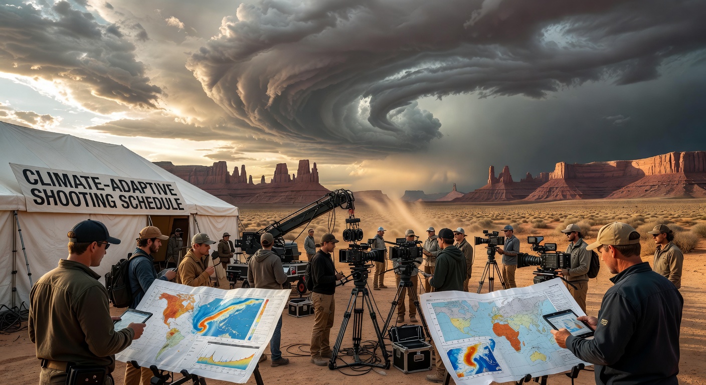 Film crew capturing epic outdoor scenes in a remote mountain range where shifting climate patterns have shortened the viable shooting window