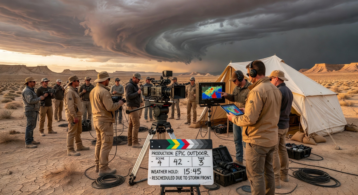 Production team reviewing revised daily call sheets after climate data forced a schedule change for a remote high-altitude sequence