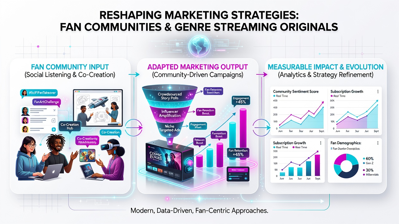Marketing teams reviewing fan engagement analytics dashboards for streaming genre titles
