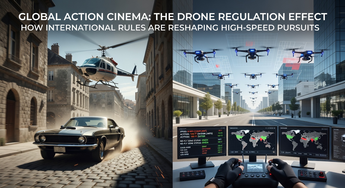 Aerial drone shot capturing a high-speed vehicle pursuit through an urban environment during film production