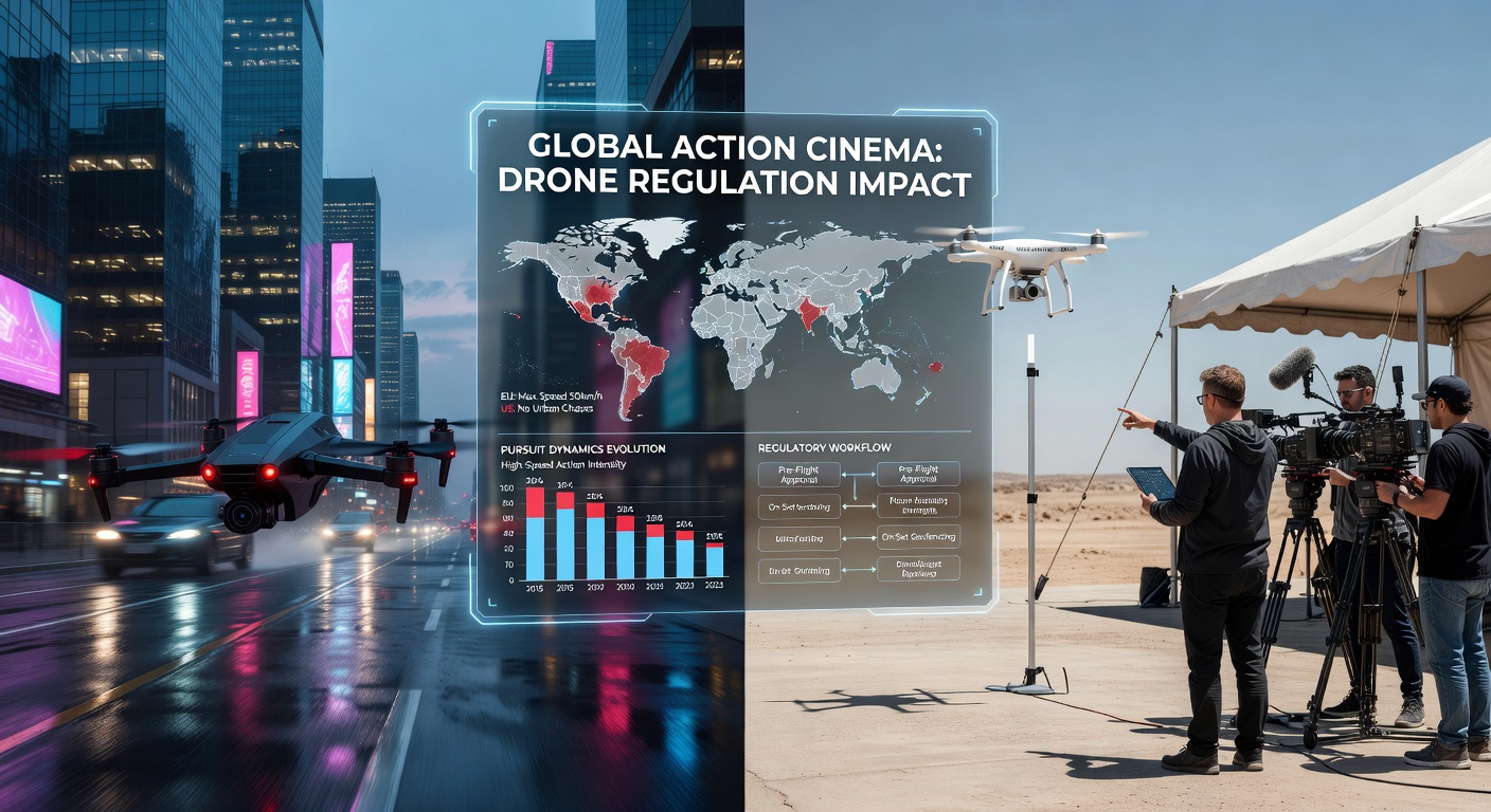 Film crew coordinating drone operations under regulatory oversight during an action movie chase scene shoot