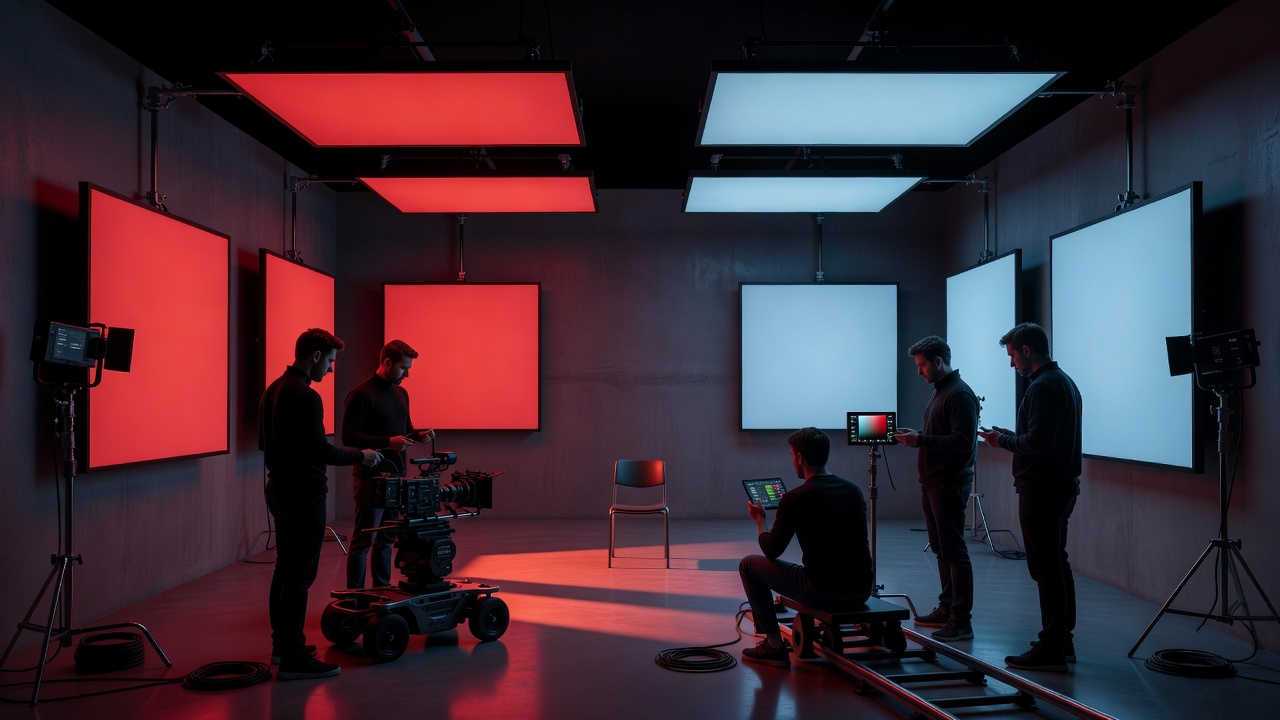LED panels illuminating a controlled studio set during a psychological thriller production with adjustable color temperatures creating tension