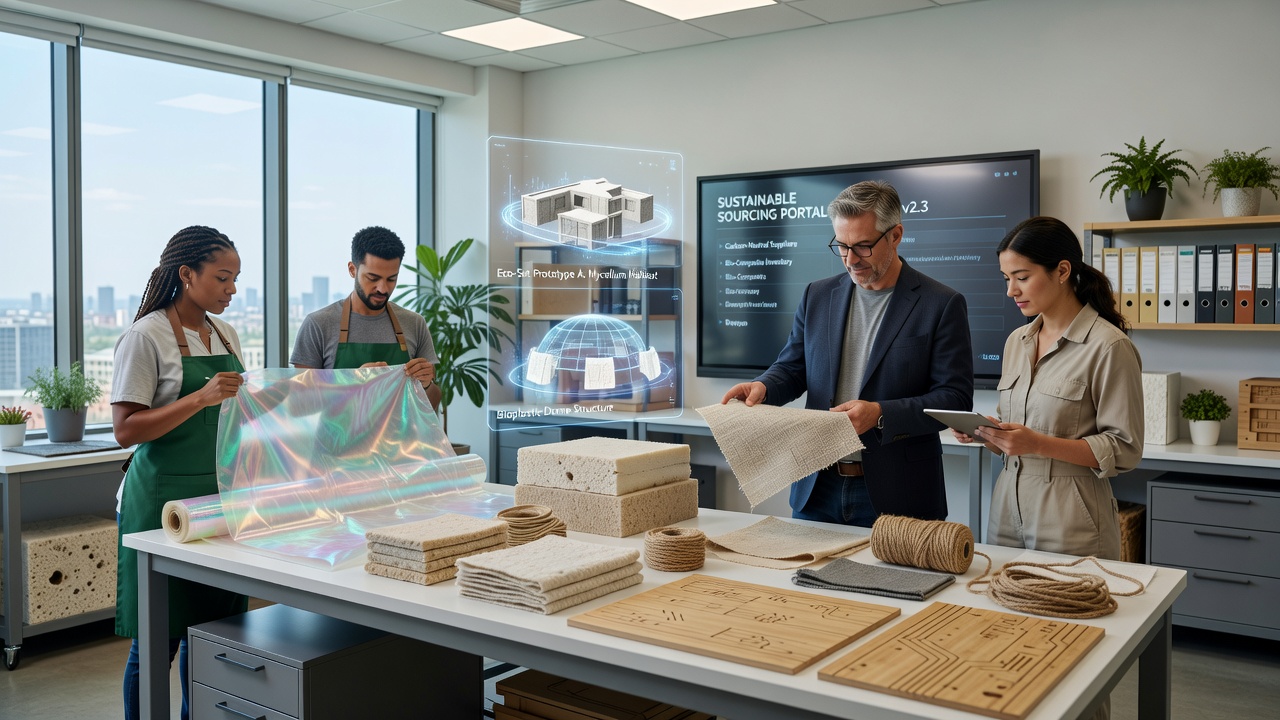 Production designer reviewing sustainable material samples for a science fiction film set