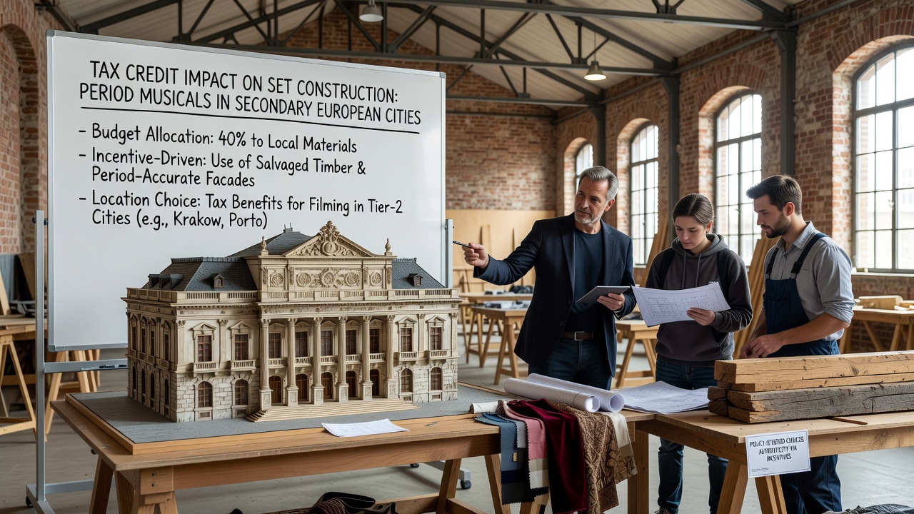 Film crew constructing ornate period sets in a secondary European city studio under tax incentive guidelines