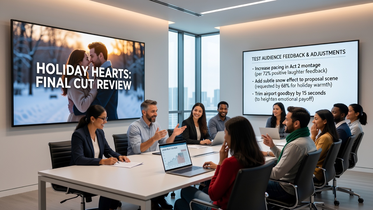 Test screening audience reacting to a romantic comedy film during a focus group session