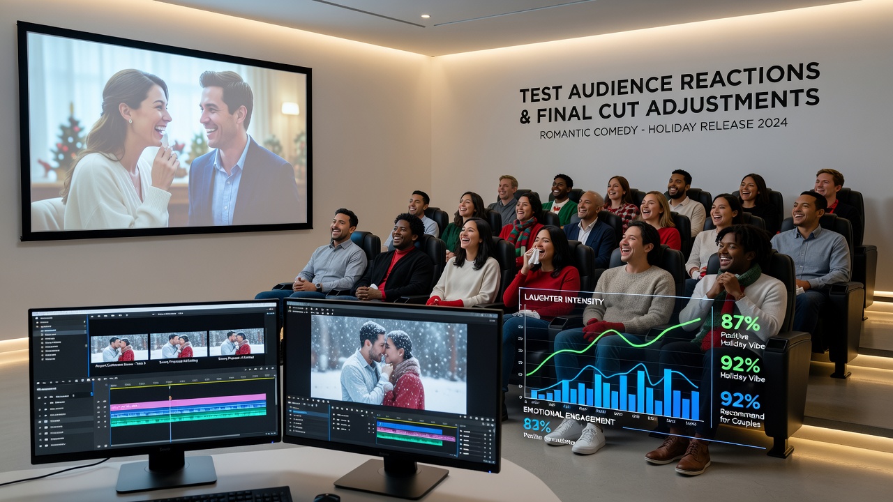 Film editors analyzing audience reaction graphs and data dashboards for a holiday romantic comedy