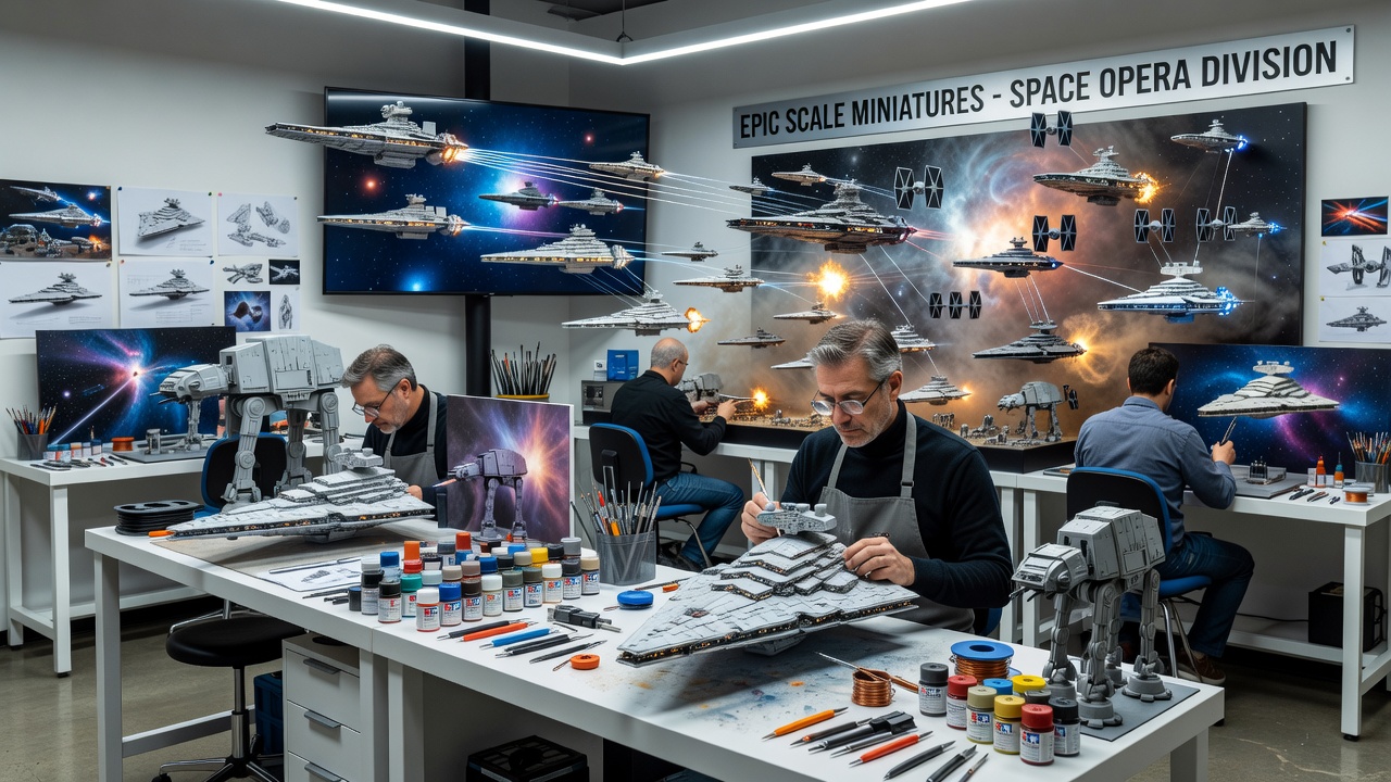 Miniature model builders working on detailed spacecraft models for space opera productions in a professional workshop