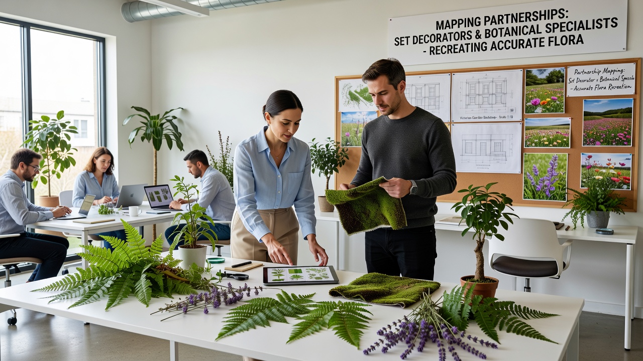 Detailed prehistoric flora set pieces including ferns and cycads in a film studio environment