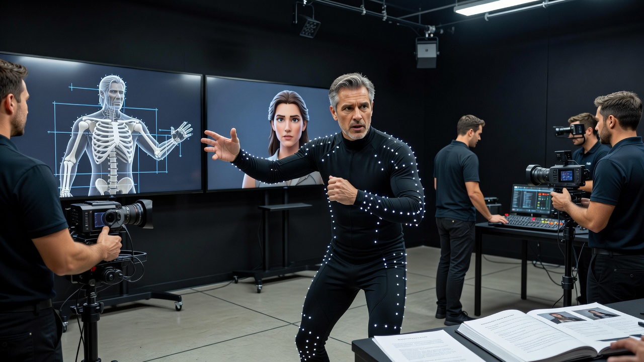 Motion capture performers demonstrating nuanced facial expressions during a literary adaptation session