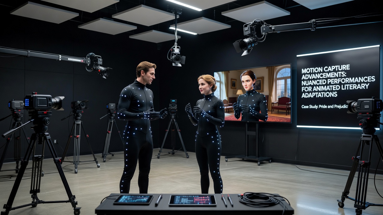 Studio team reviewing real-time motion capture data for an animated literary character