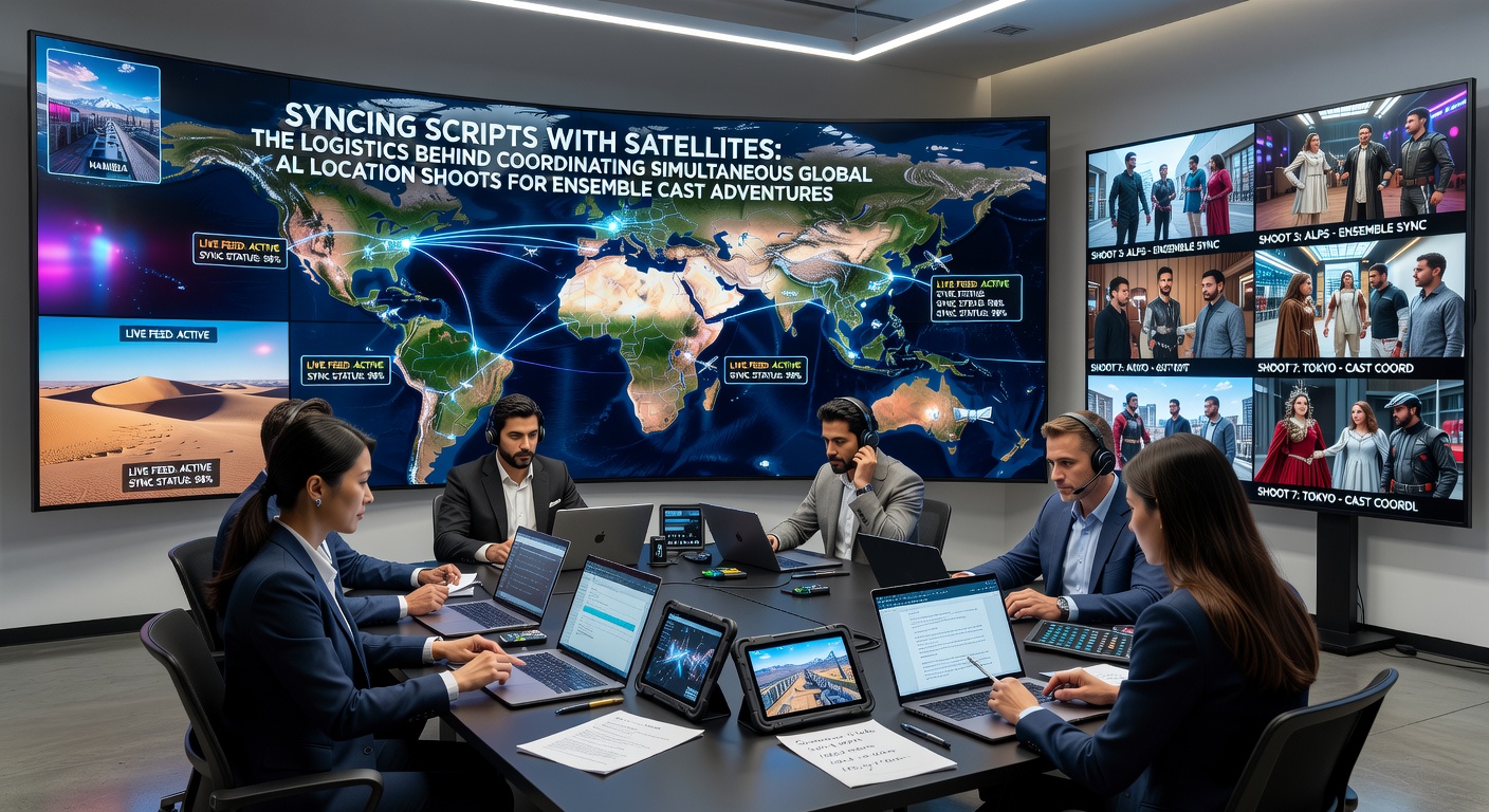Satellite communication setup coordinating multiple global film crews during a simultaneous shoot