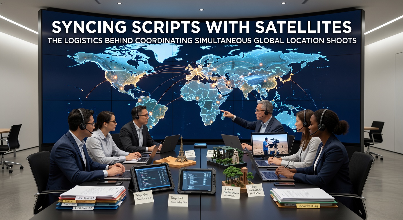 Global production team reviewing live feeds from multiple satellite-linked locations