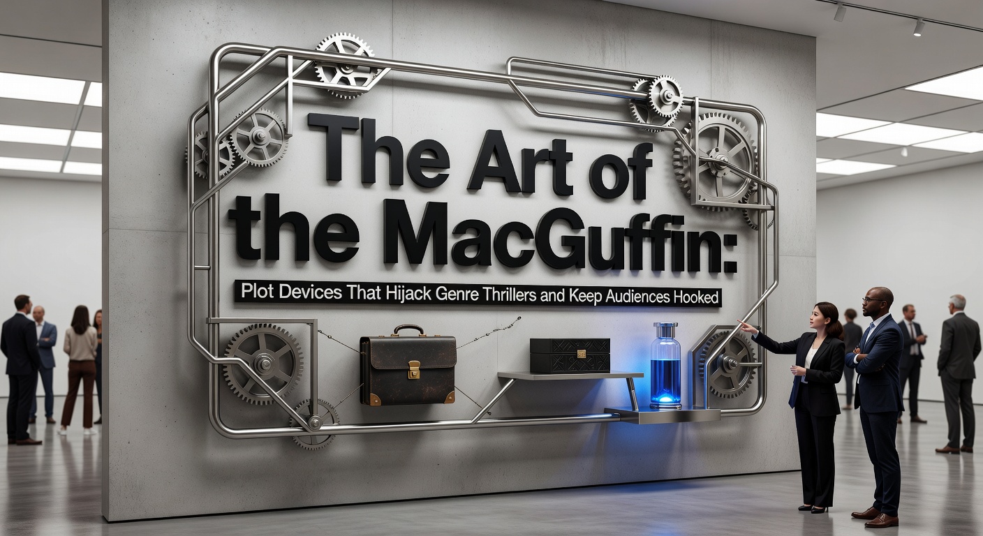 Modern thriller scene with characters chasing a mysterious briefcase in a high-stakes urban pursuit, echoing classic MacGuffin chases