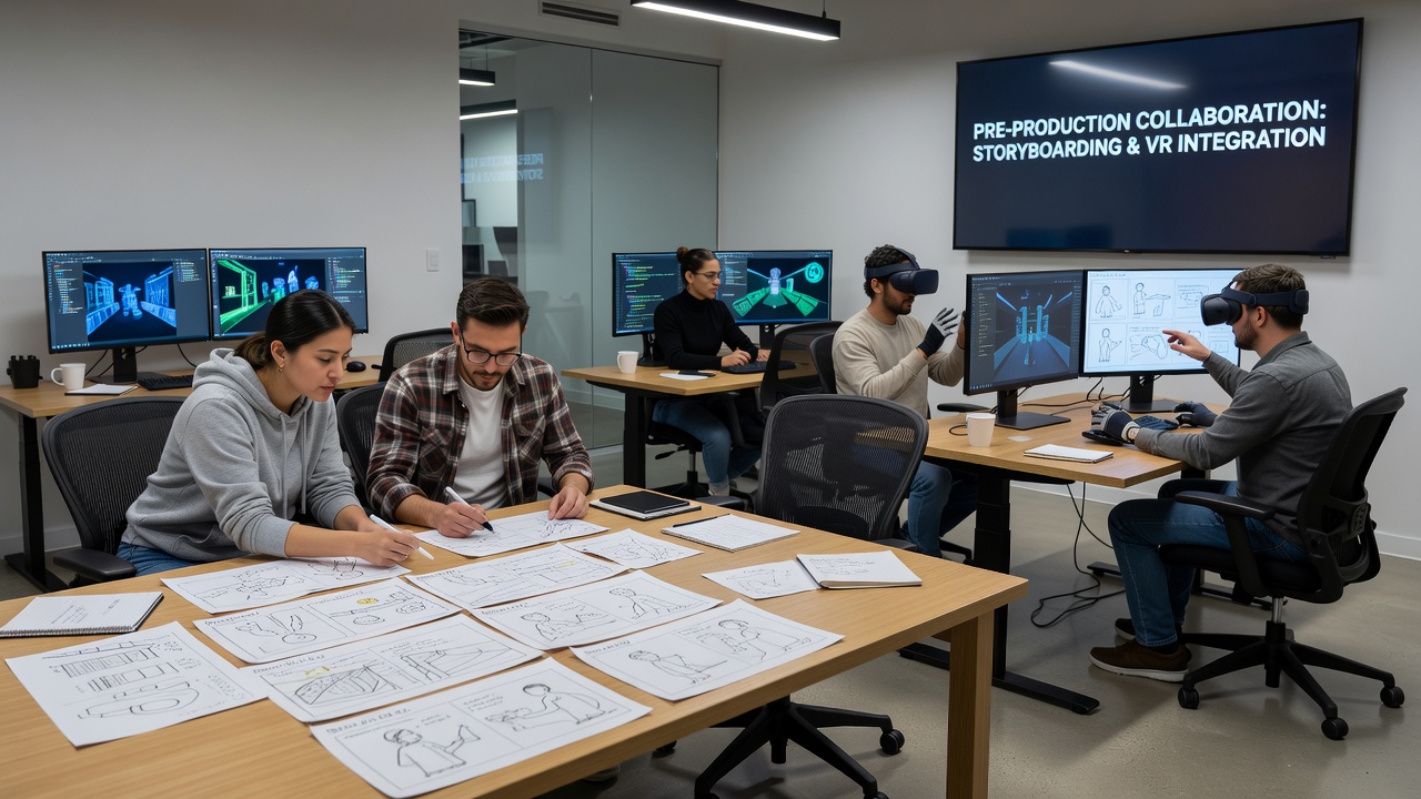 Programmers testing VR horror scene navigation alongside updated storyboard references