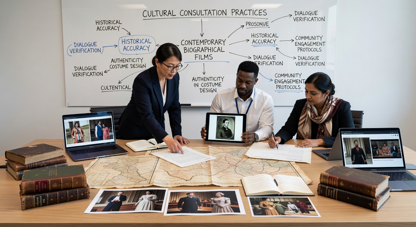 Film production team consulting with cultural advisors on set during a biographical film shoot