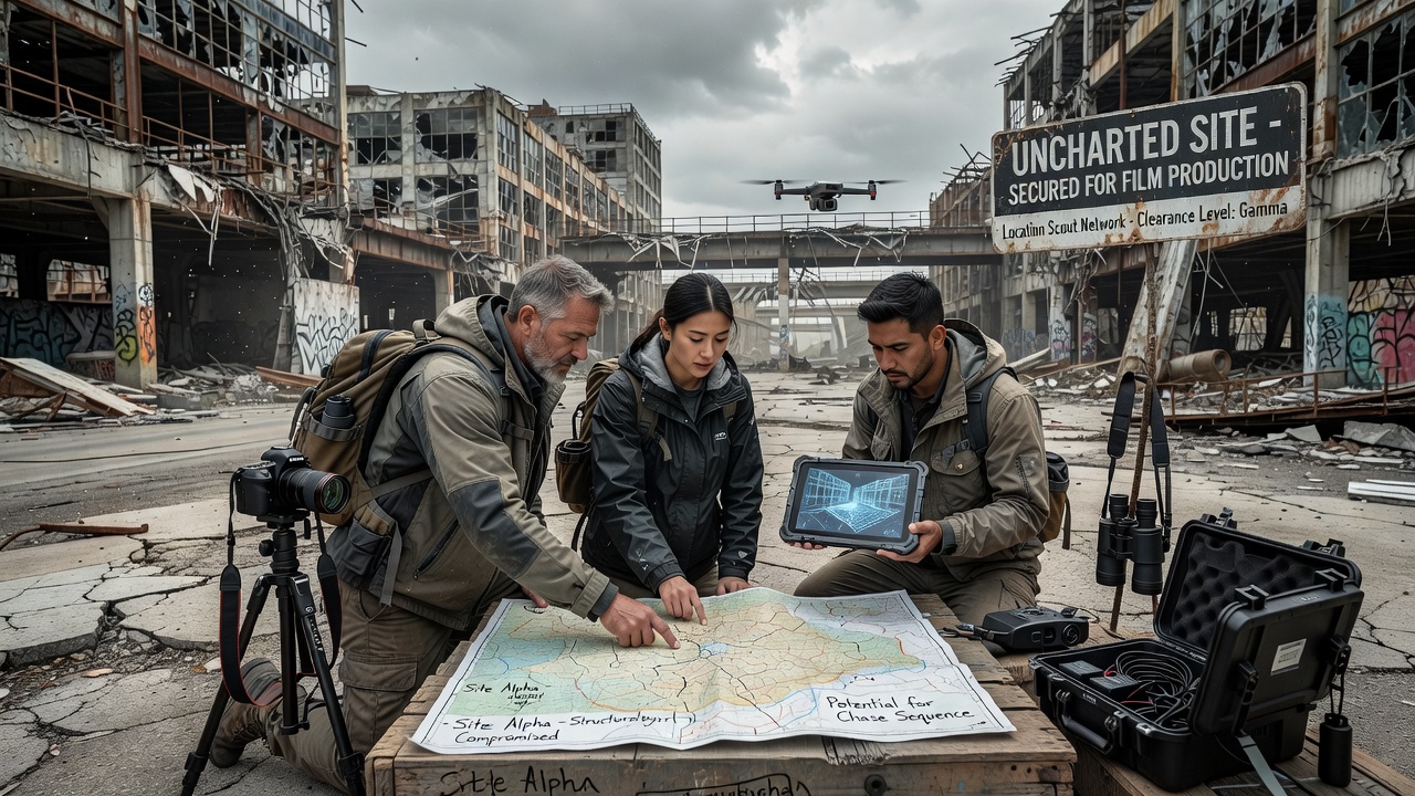 Location scouts examining remote desert terrain suitable for post-apocalyptic filming