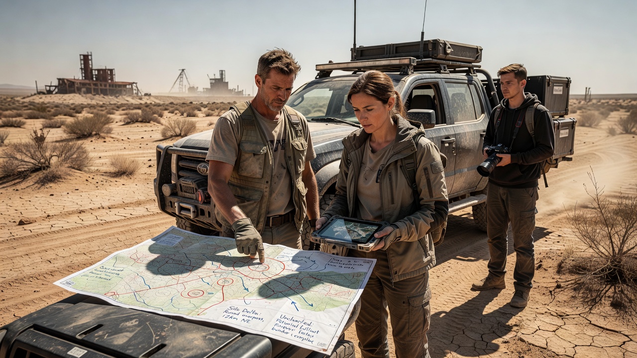 Scouts reviewing aerial maps and terrain models during a site evaluation