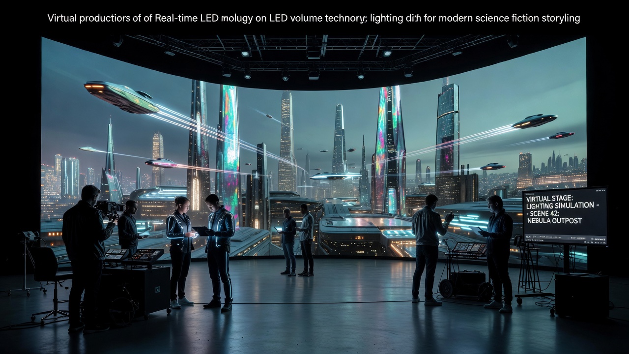 LED wall virtual production stage setup with integrated lighting for science fiction scenes