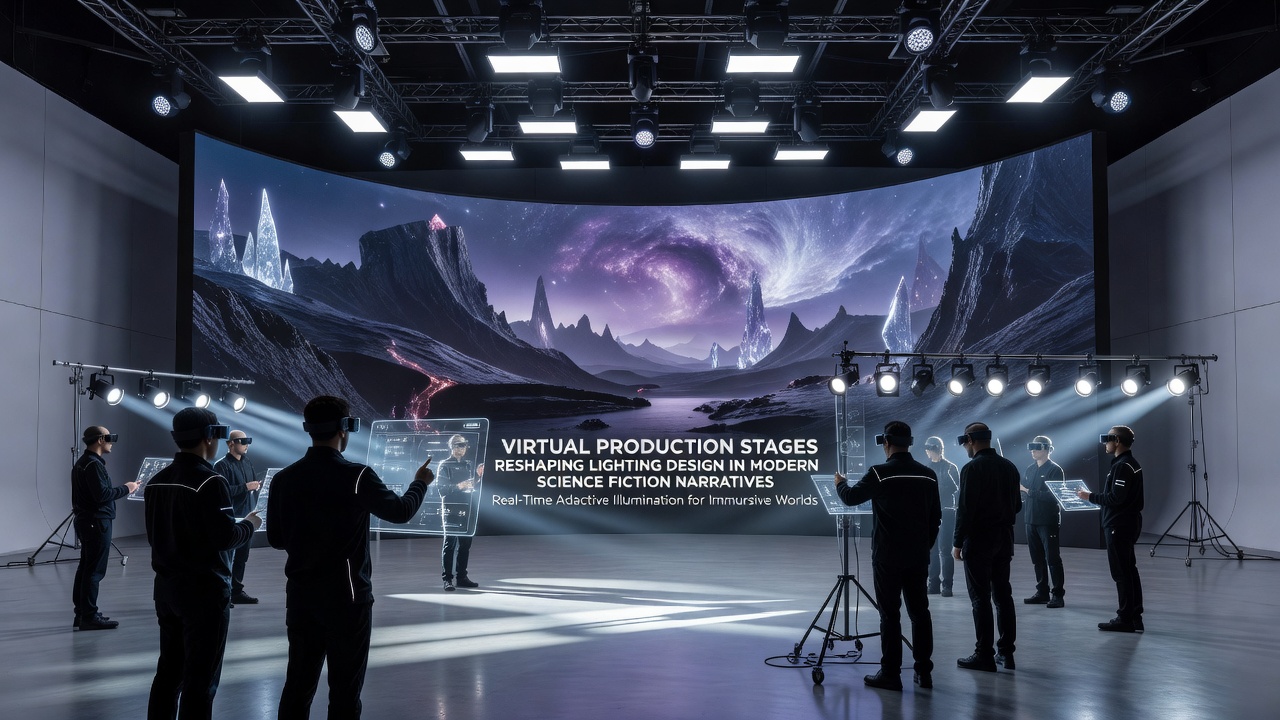 Cinematographer adjusting lighting controls on a virtual production stage during a sci-fi shoot