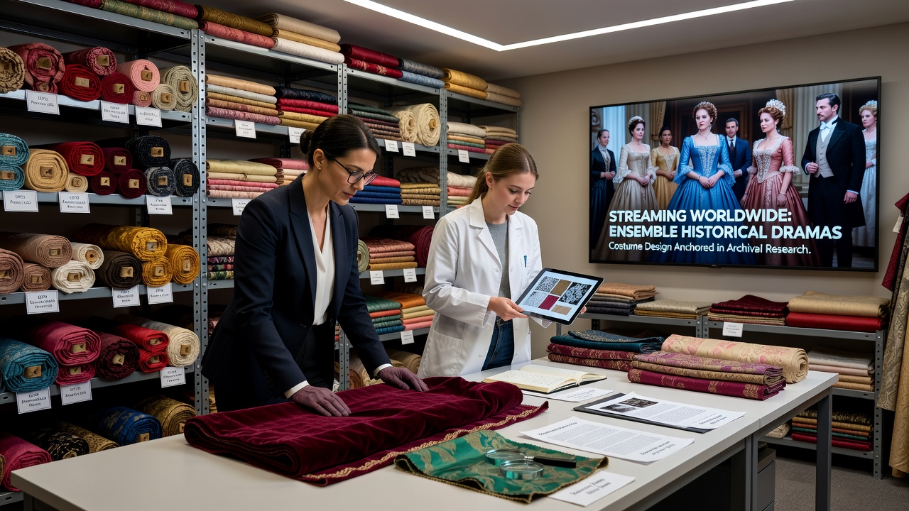 Wardrobe archivists examining historical fabric samples in an archive setting
