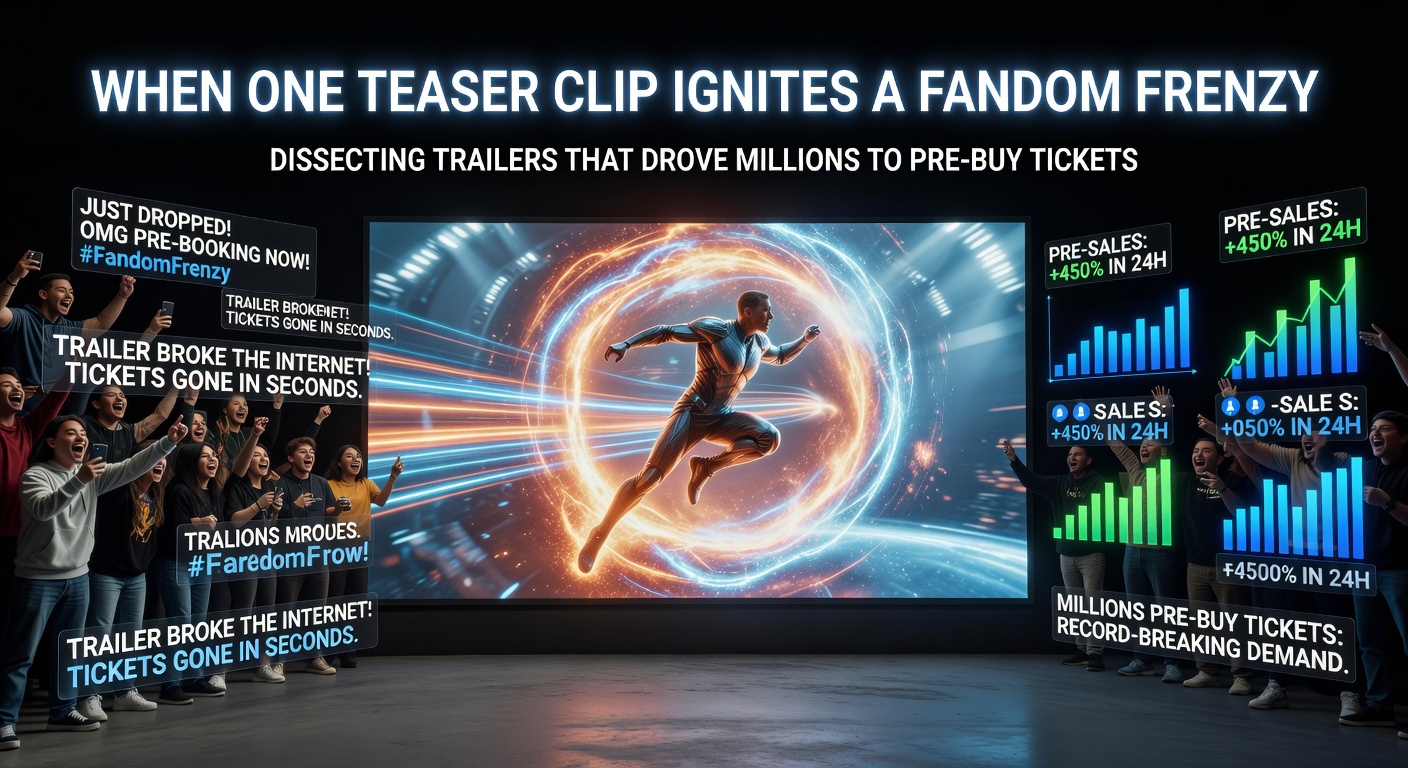 A cinematic trailer screengrab showing explosive action and excited fans in a theater, capturing the raw energy of a viral teaser drop